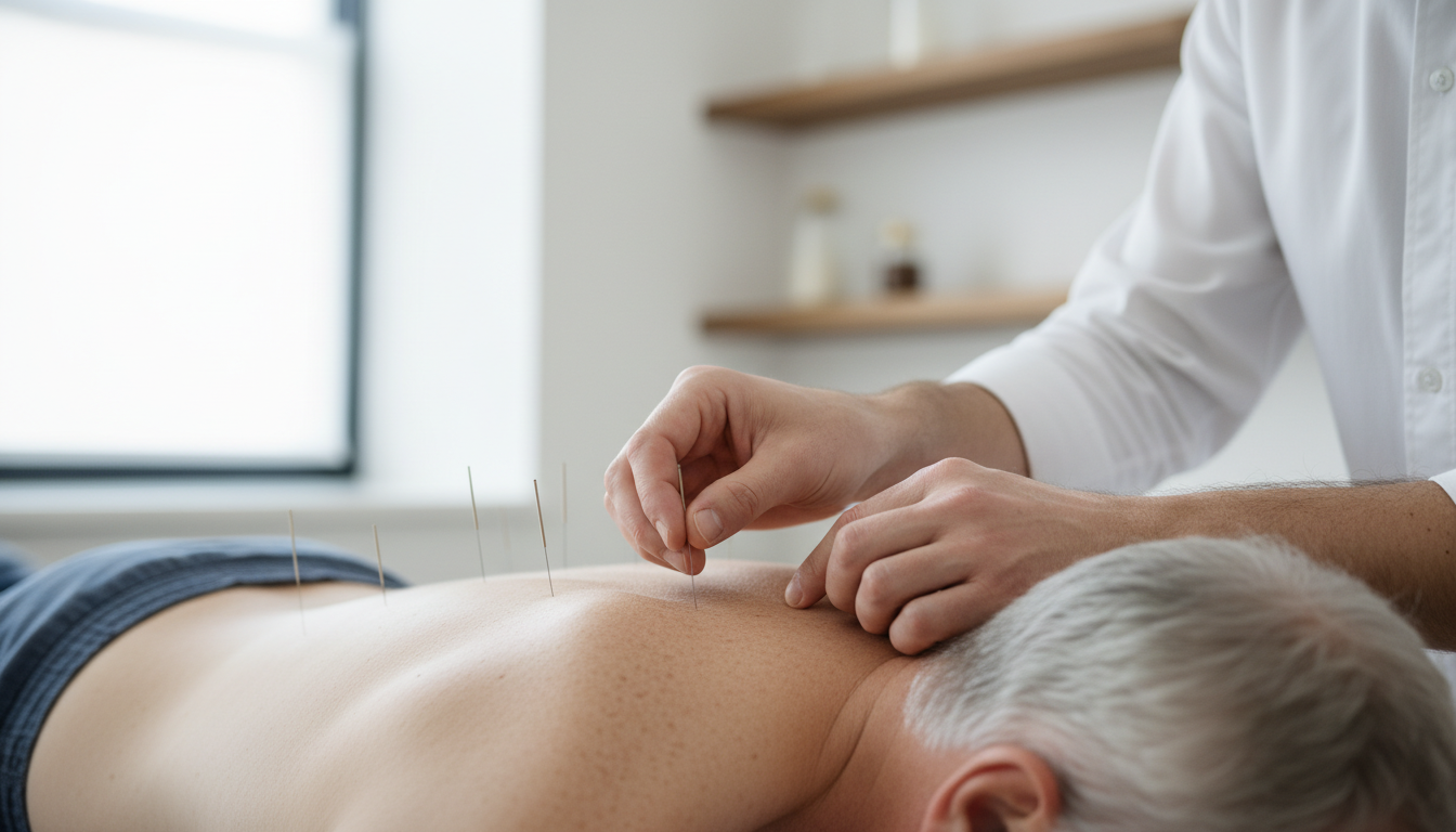 Acupuncture needles arranged with a calm, neutral background