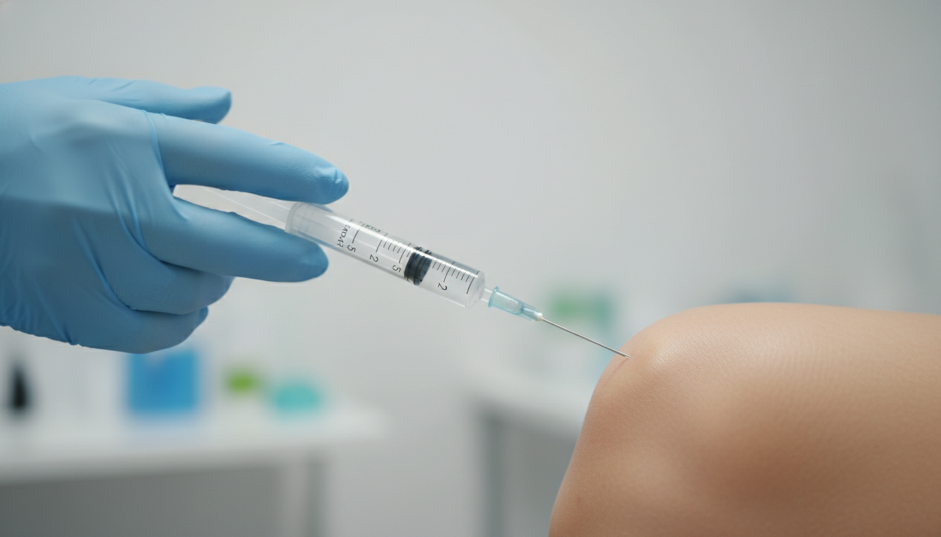 Close-up of a clinician's hands preparing injection equipment