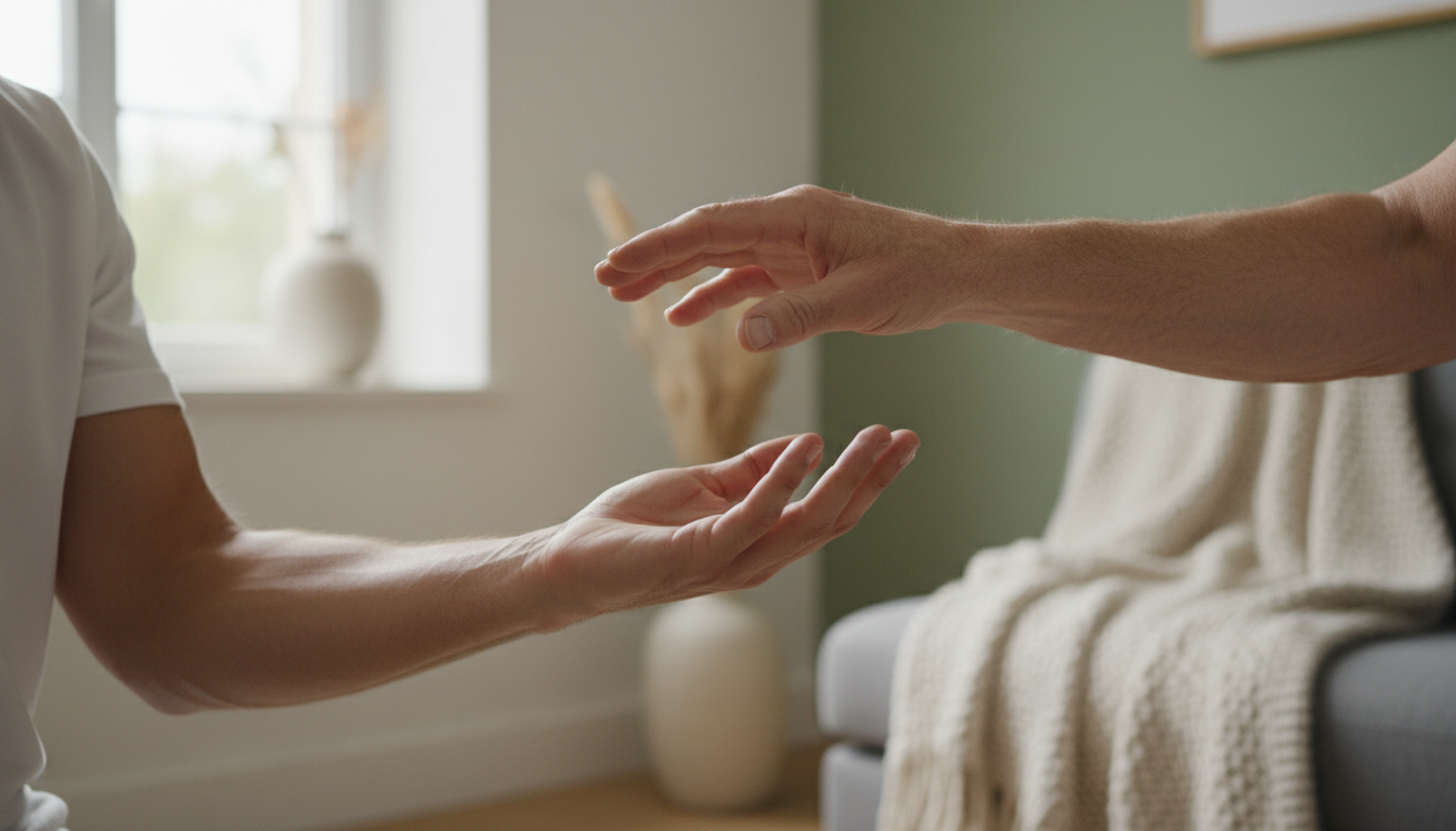 A physiotherapist providing gentle support during a balance exercise